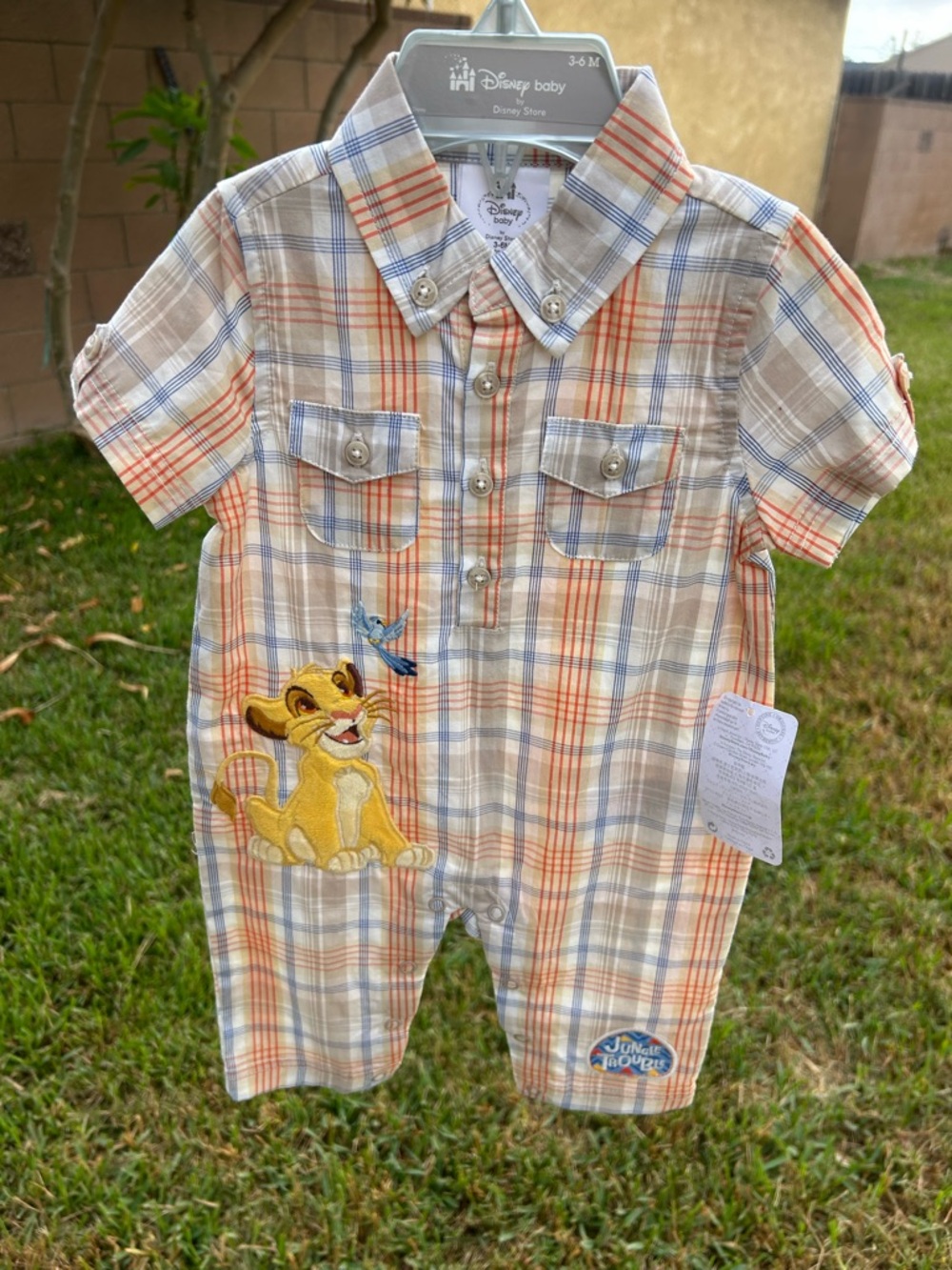 Disney store 3/6  Plaid Lion King Short Sleeve One-Piece in Beige, Blue & Orange